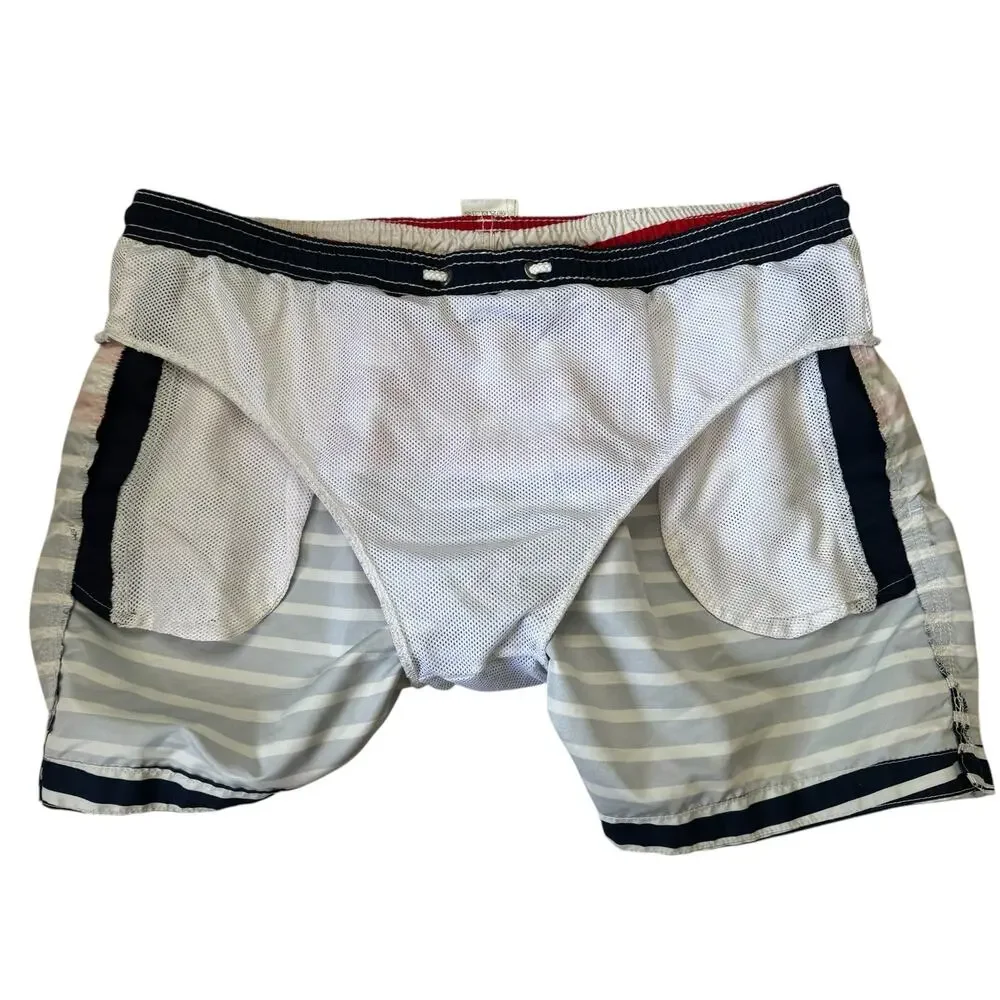 H&M Patriotic Stripe Swim Shorts Sz Large Mens Mesh Lined Pockets Flag Red Blue